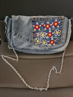 Denim Floral Embroidered Purse